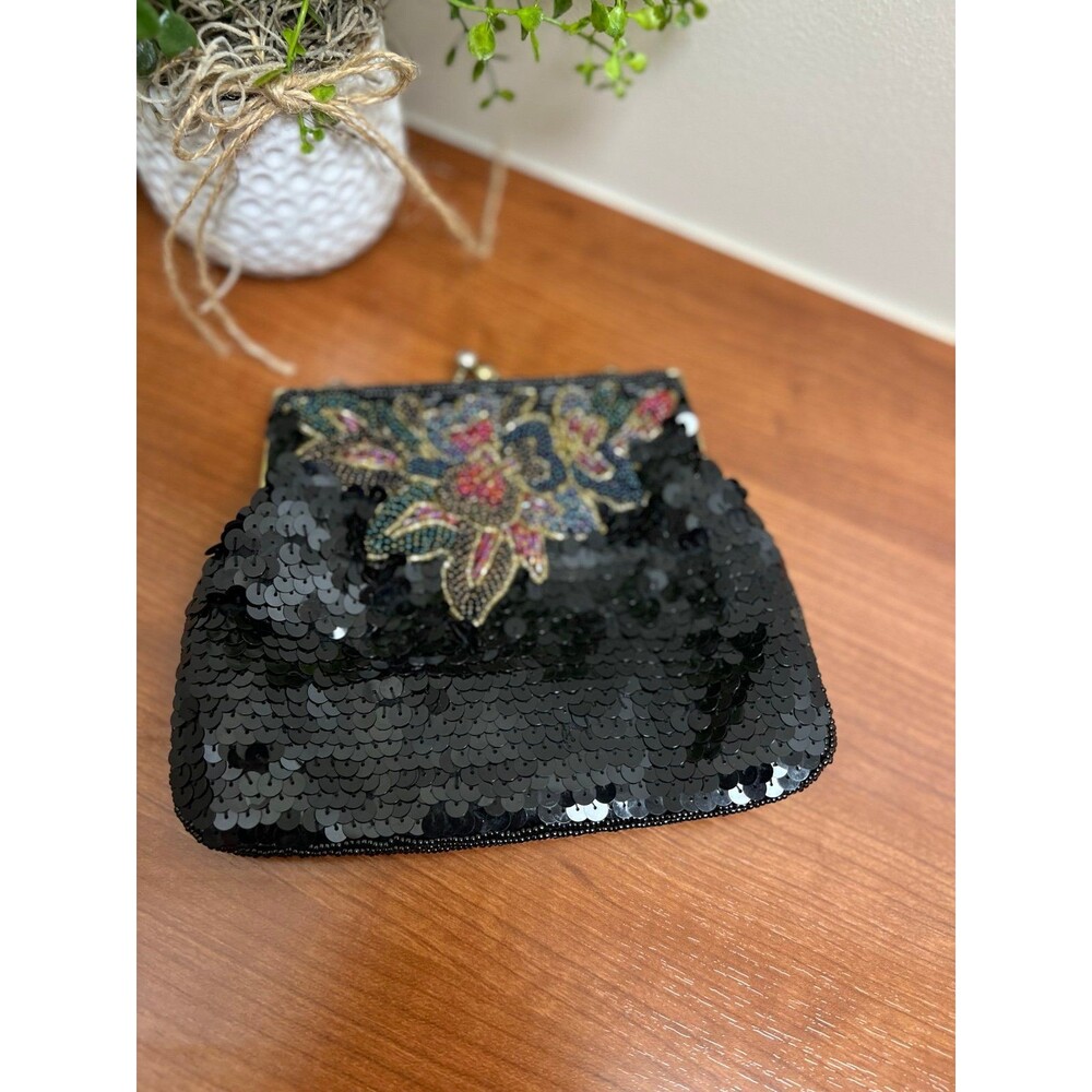Vintage 1950's La Regale Colorful Beaded/Black Sequins Clamshell Evening Purse - Picture 2 of 7